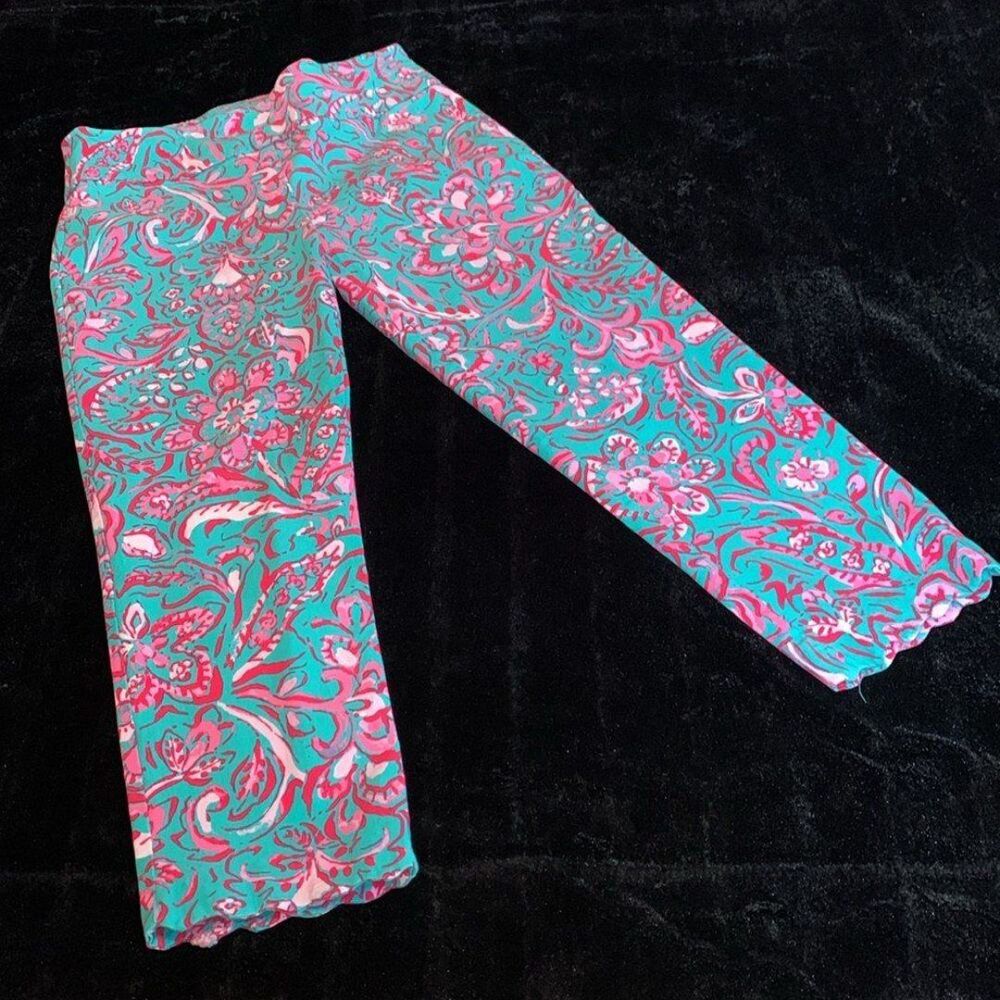 Attyre New York Paisley Scalloped Hem Stretch Capri Pants Turquoise Pink Size 6